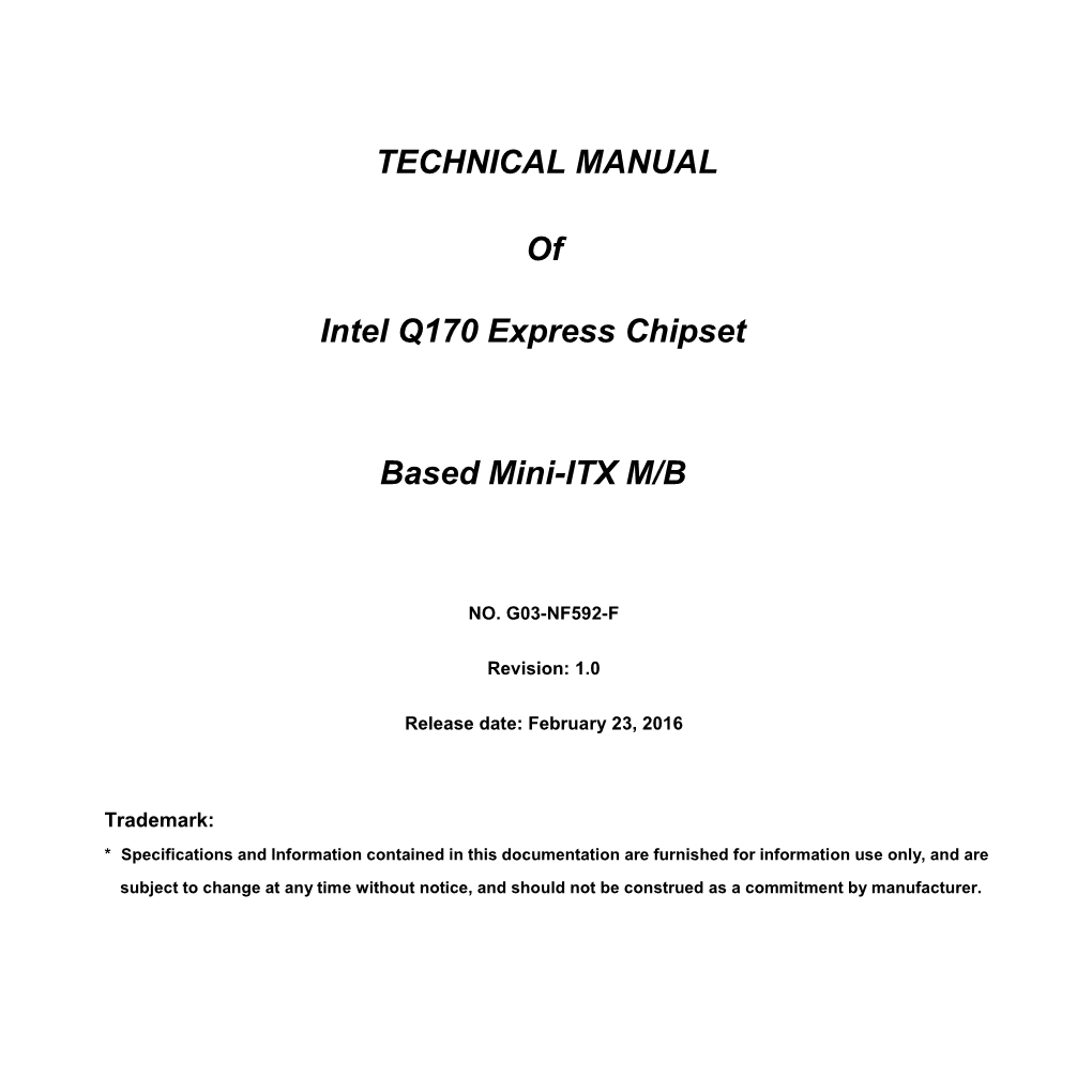 TECHNICAL MANUAL of Intel Q170 Express Chipset Based Mini-ITX