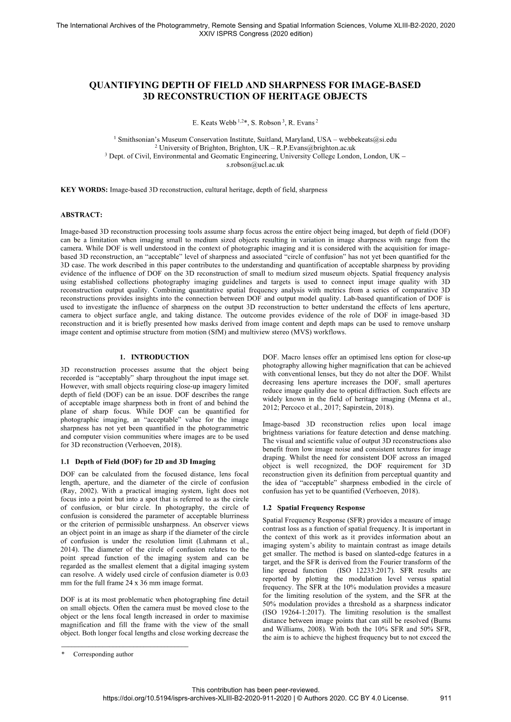 Quantifying Depth of Field and Sharpness for Image-Based 3D Reconstruction of Heritage Objects