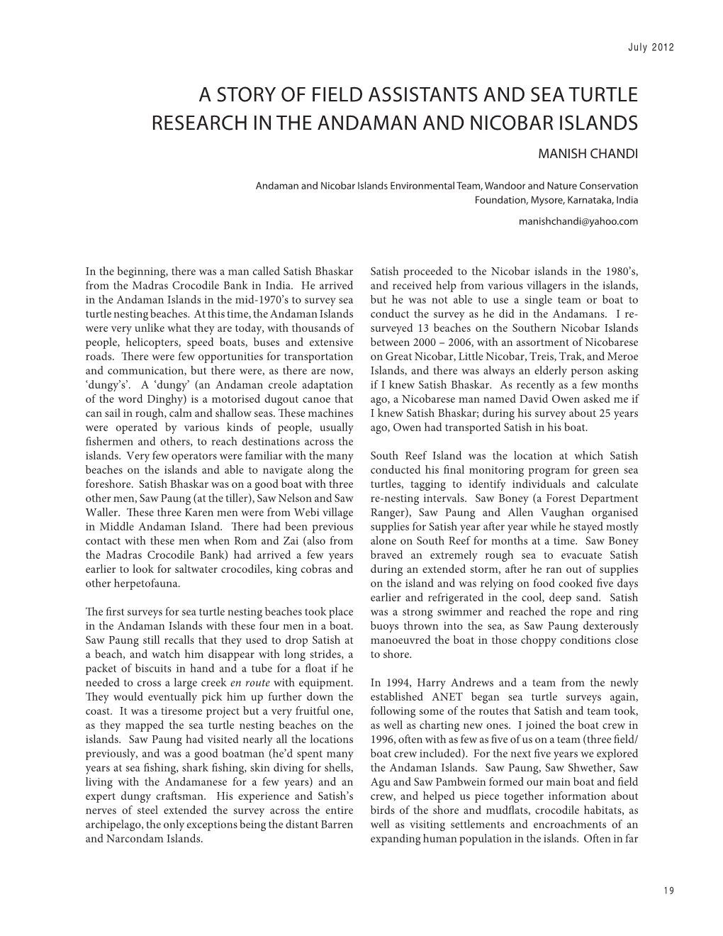 A Story of Field Assistants and Sea Turtle Research in the Andaman and Nicobar Islands Manish Chandi