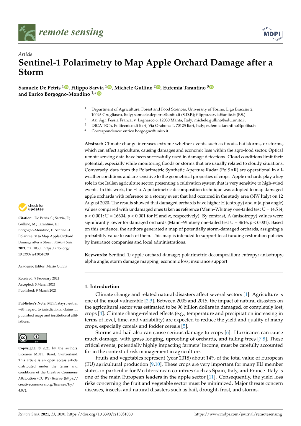 Sentinel-1 Polarimetry to Map Apple Orchard Damage After a Storm