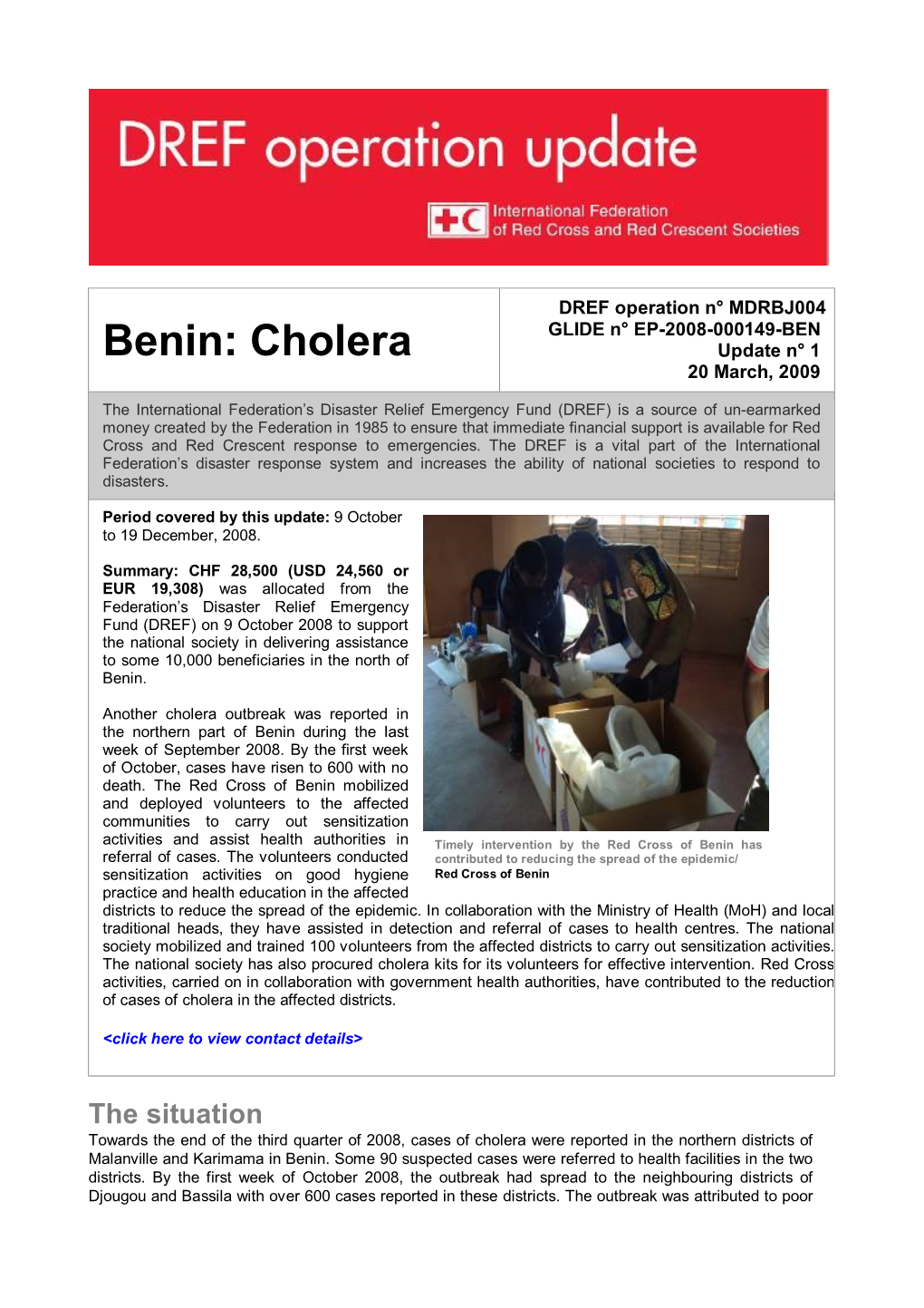 Benin: Cholera Update N° 1 20 March, 2009