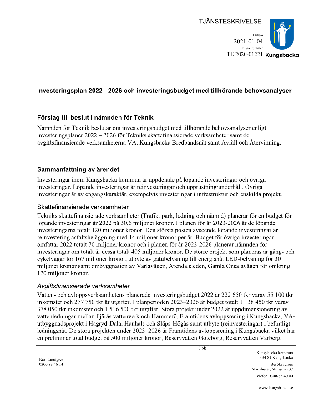 2021-01-04 TJÄNSTESKRIVELSE Investeringsplan 2022