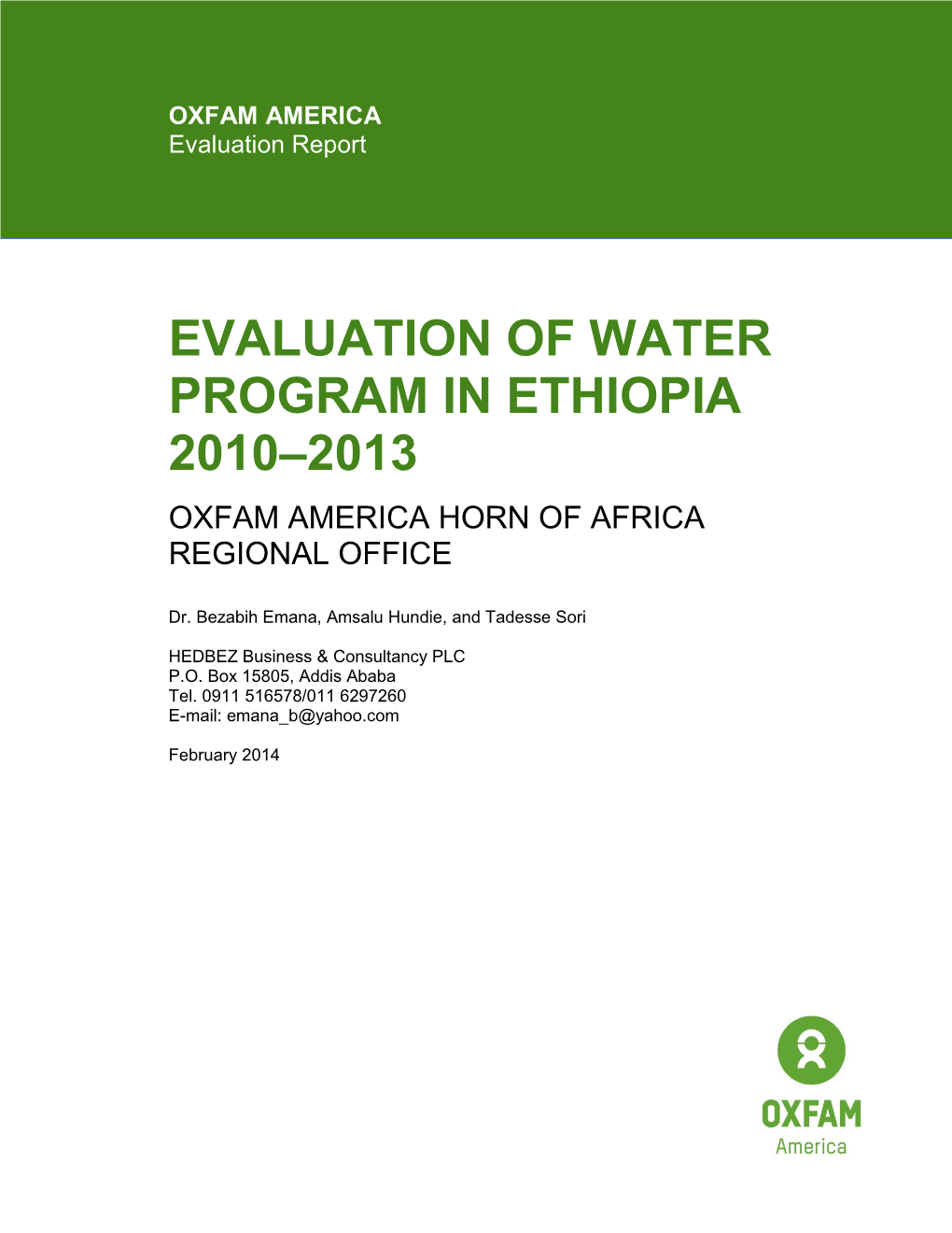 Evaluation of Water Program in Ethiopia 2010–2013 Oxfam America Horn of Africa Regional Office