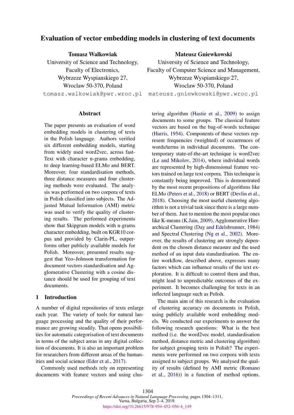 Evaluation of Vector Embedding Models in Clustering of Text Documents