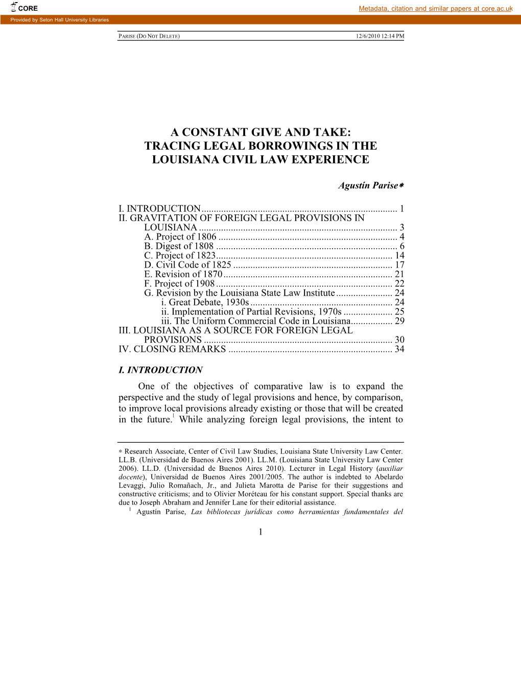 Tracing Legal Borrowings in the Louisiana Civil Law Experience