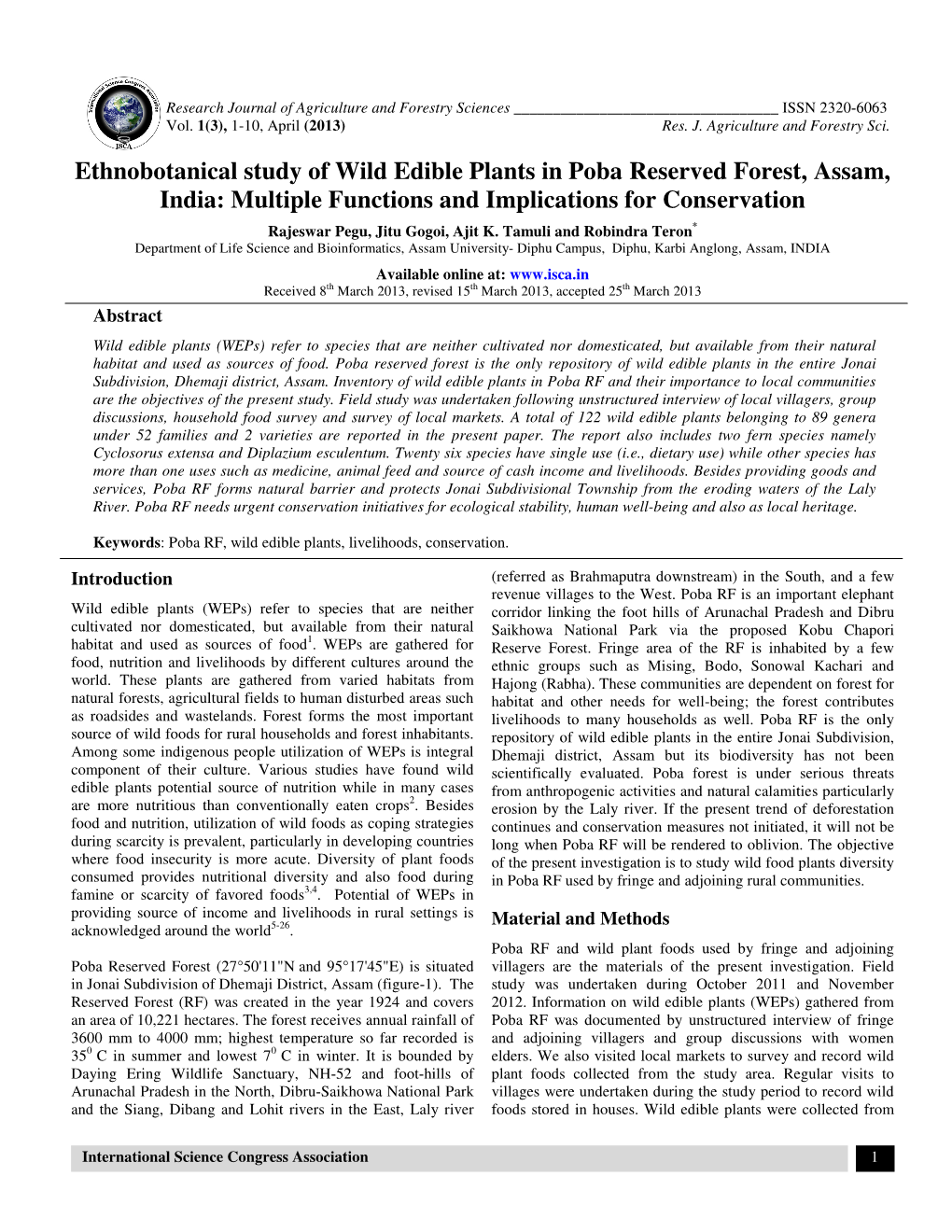 Ethnobotanical Study of Wild Edible Plants in Poba Reserved Forest, Assam, India: Multiple Functions and Implications for Conservation