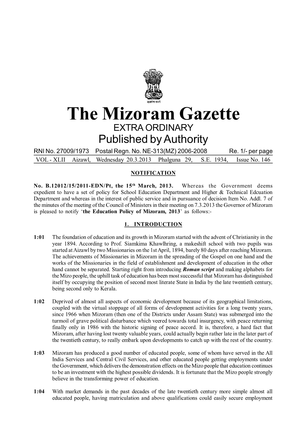 The Mizoram Gazette EXTRA ORDINARY Published by Authority RNI No