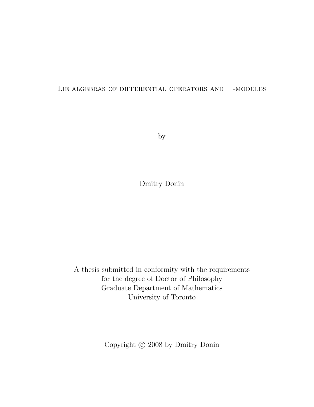 Lie Algebras of Differential Operators and D-Modules by Dmitry Donin A