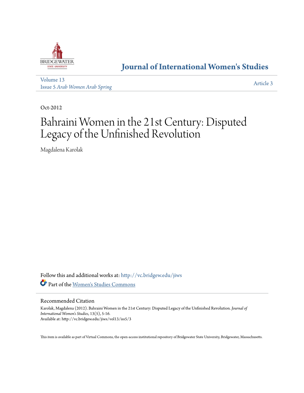 Bahraini Women in the 21St Century: Disputed Legacy of the Unfinished Revolution Magdalena Karolak
