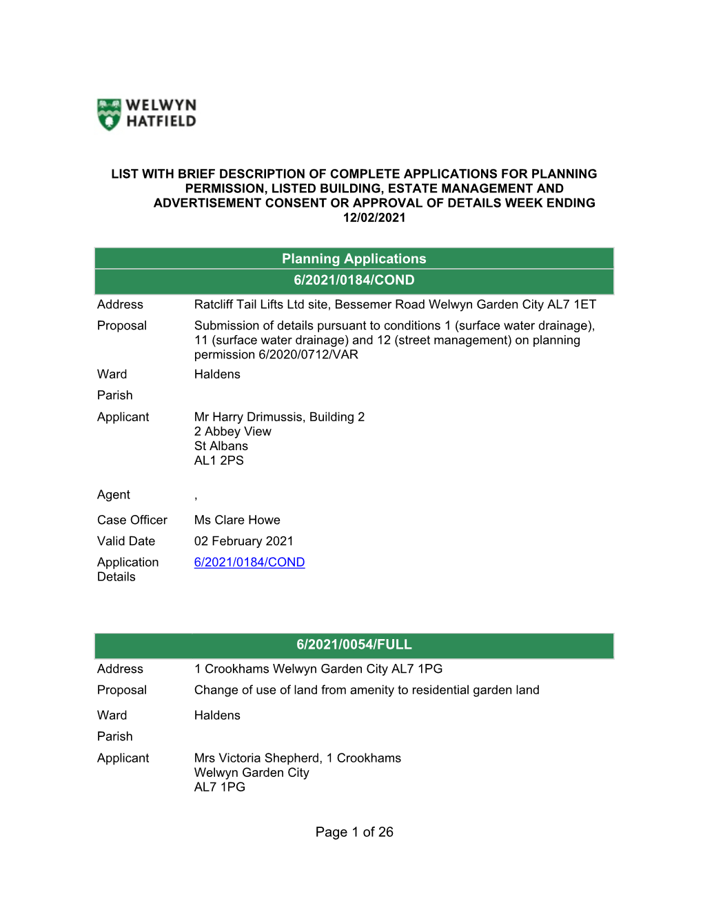 Page 1 of 26 Planning Applications 6/2021/0184/COND 6/2021/0054