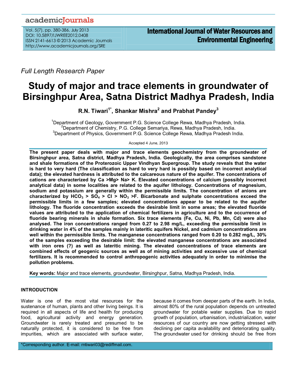 Study of Major and Trace Elements in Groundwater of Birsinghpur Area, Satna District Madhya Pradesh, India