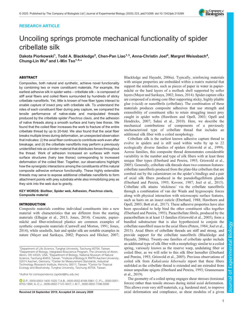 Uncoiling Springs Promote Mechanical Functionality of Spider Cribellate Silk Dakota Piorkowski1, Todd A