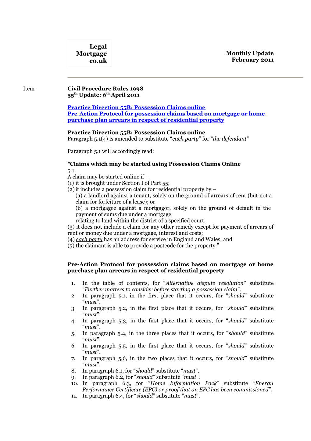 Practice Direction 55B: Possession Claims Online