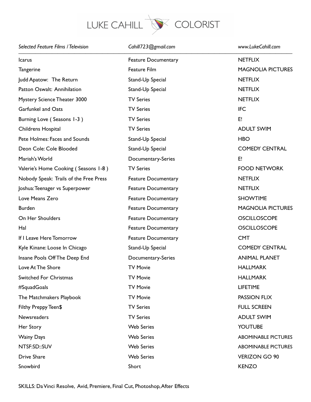 Luke Cahill Colorist Resume 2018Rev.Pages