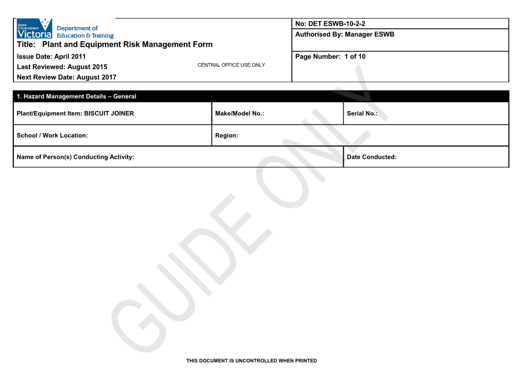 Plant and Equipment Risk Management Form - Biscuit Joiner