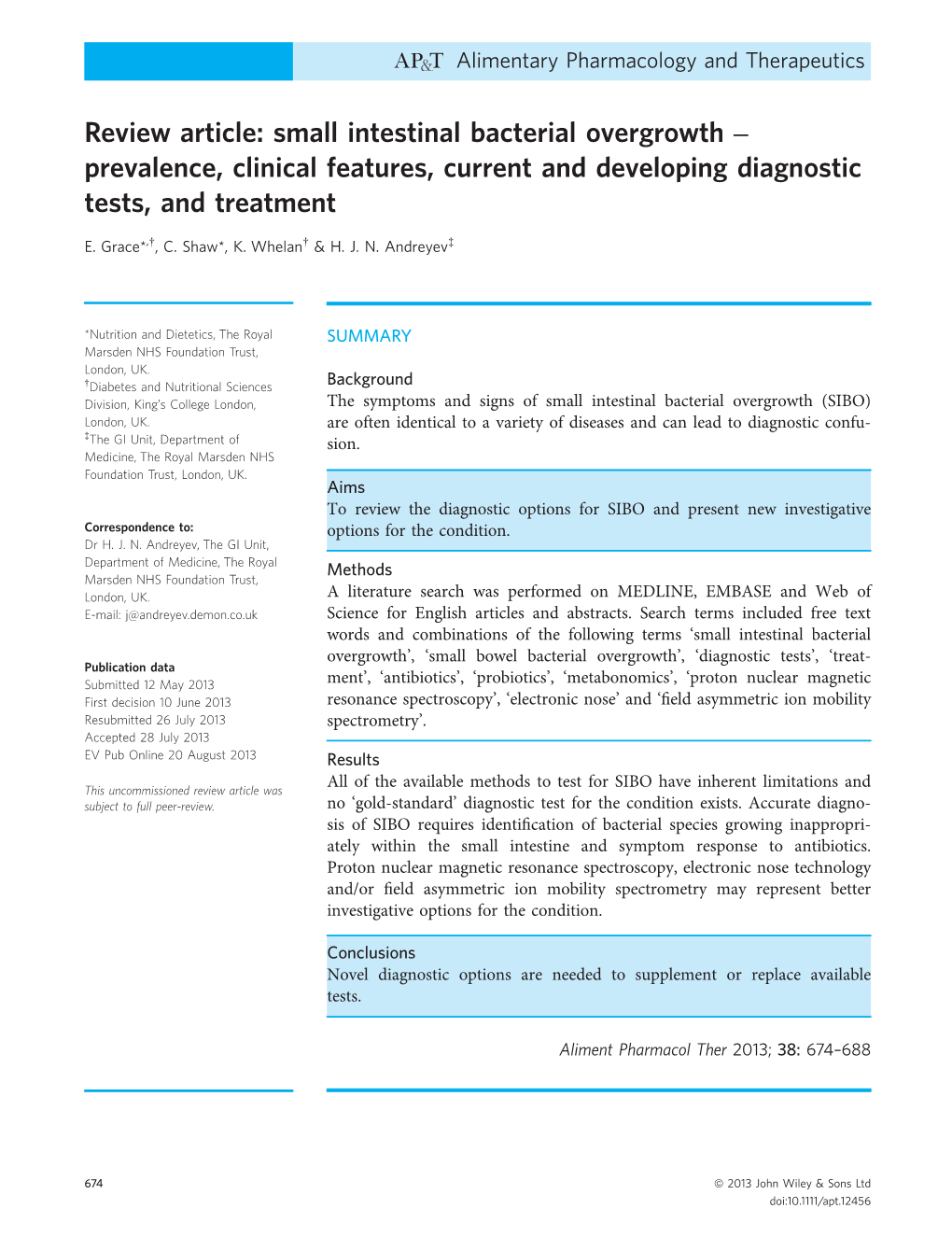 Review Article: Small Intestinal Bacterial Overgrowth Prevalence, Clinical Features, Current and Developing Diagnostic Tests, A