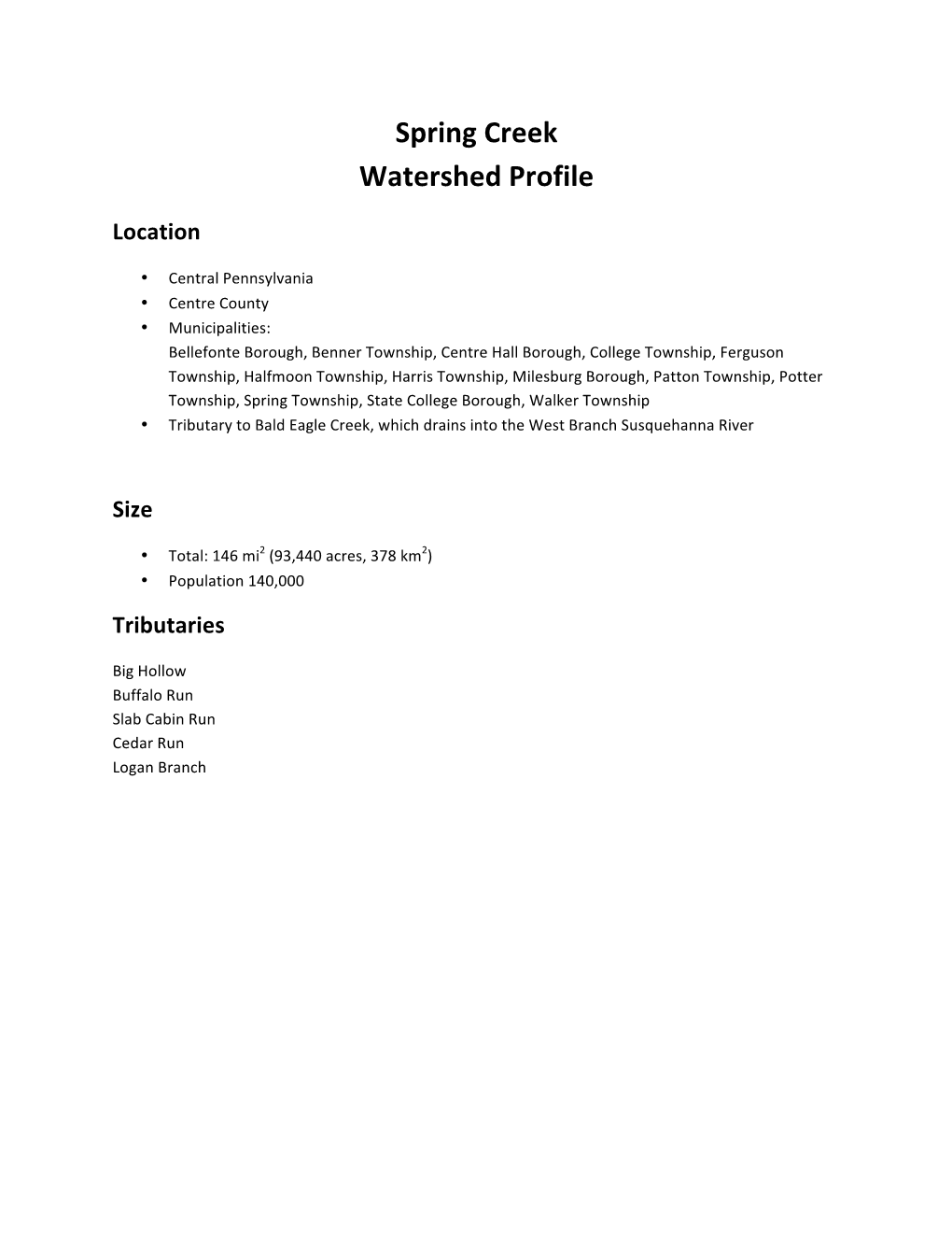 Spring Creek Watershed Profile