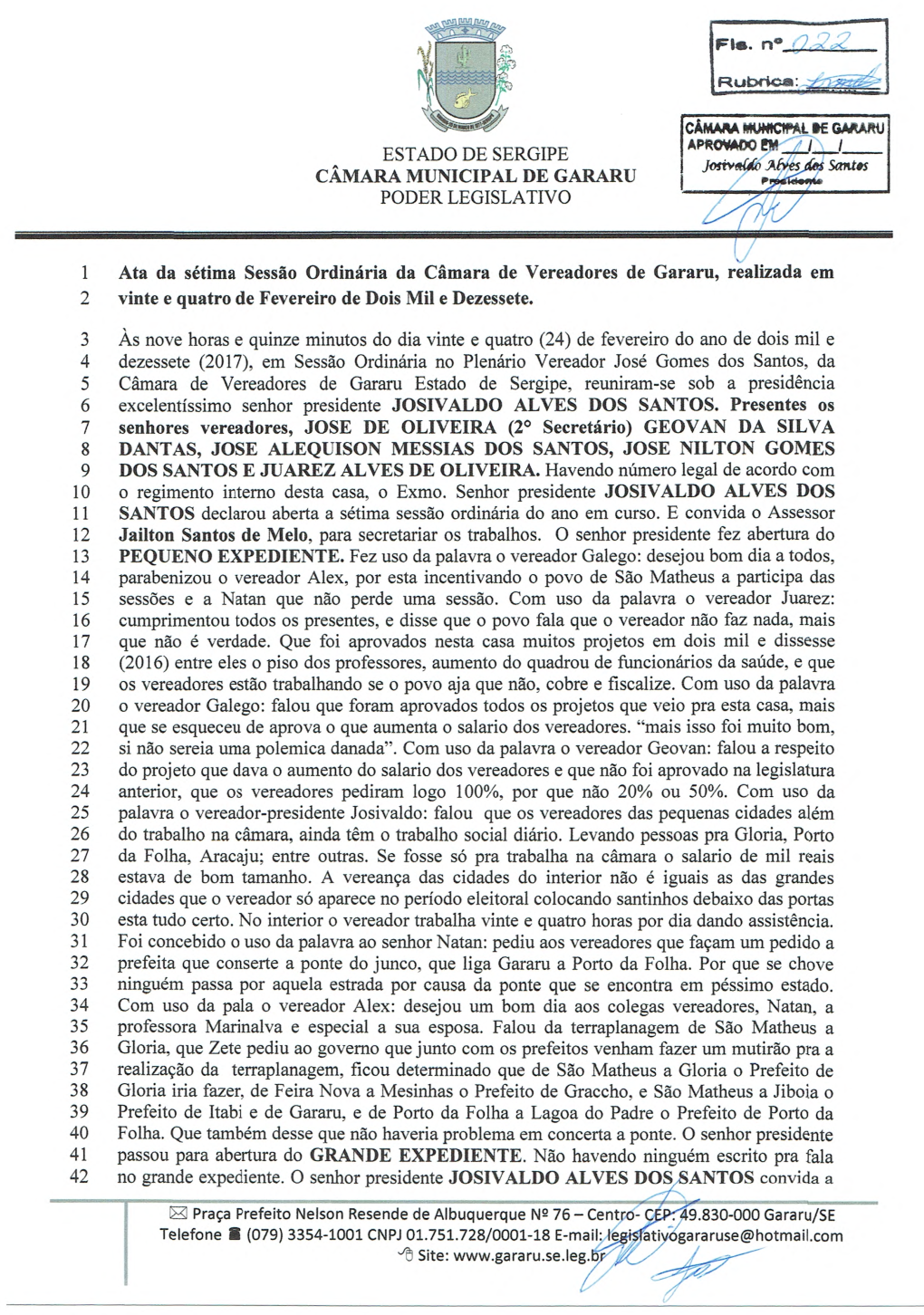 Ifia. N°). ESTADO DE SERGIPE CÂMARA MUNICIPAL DE