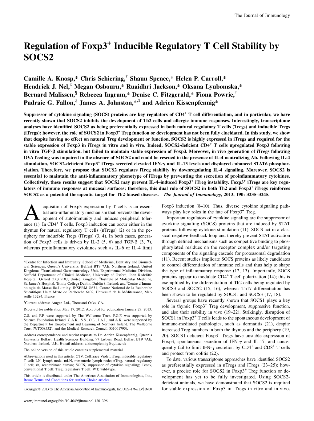 Regulation of Foxp3 Inducible Regulatory T Cell Stability by SOCS2