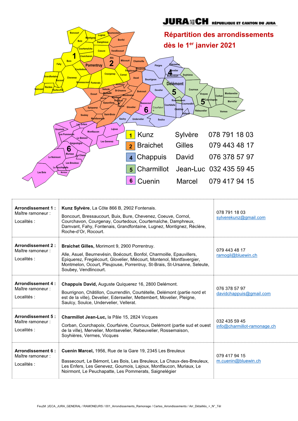 Répartition Des Arrondissements Dès Le 1Er Janvier 2021 Kunz Sylvère 078 791 18 03 Braichet Gilles 079 443 48 17 Chappuis