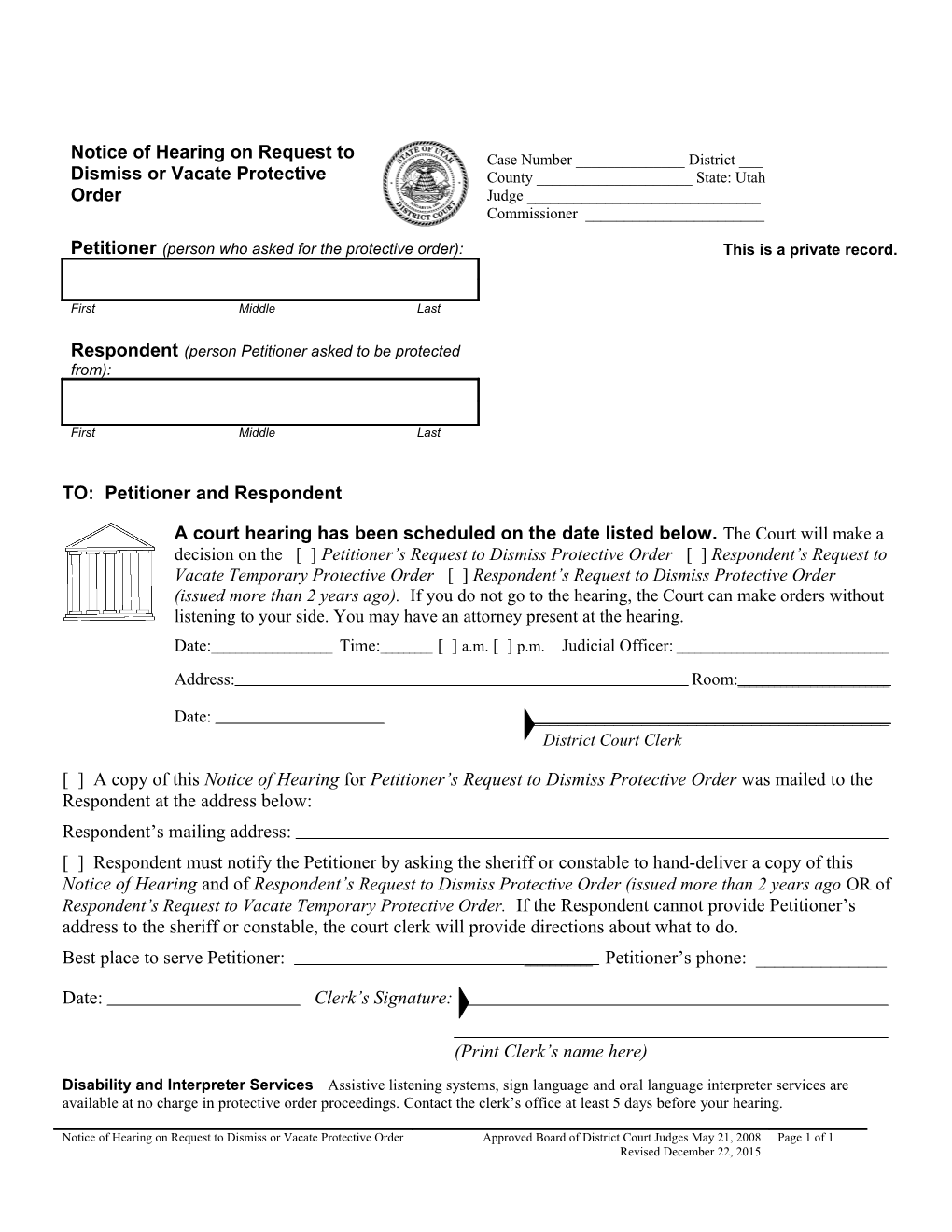 Notice of Hearing on Request to Dismiss Or Vacate Protective Order