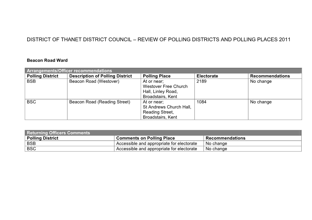 District of Thanet District Council – Review of Polling Districts and Polling Places 2011