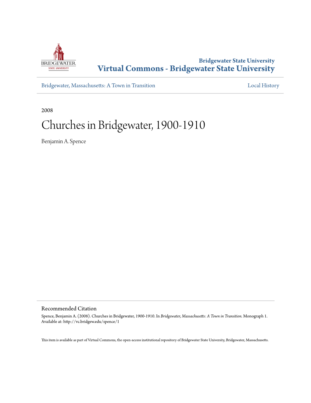 Churches in Bridgewater, 1900-1910 Benjamin A