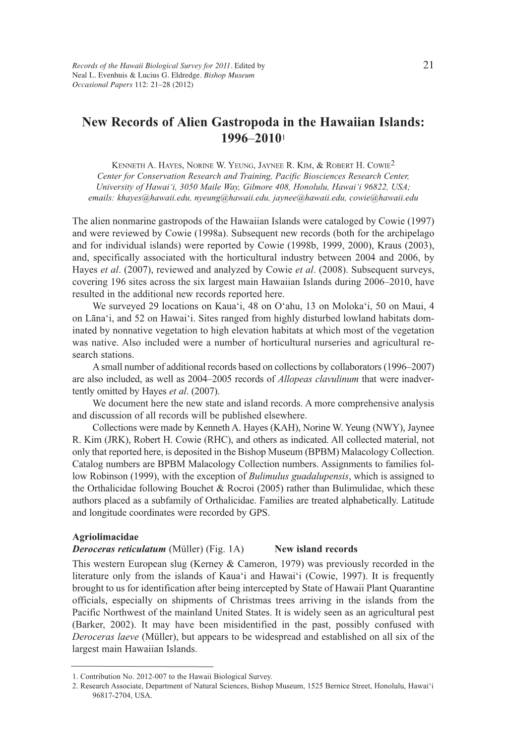 New Records of Alien Gastropoda in the Hawaiian Islands: 1996 –2010 1