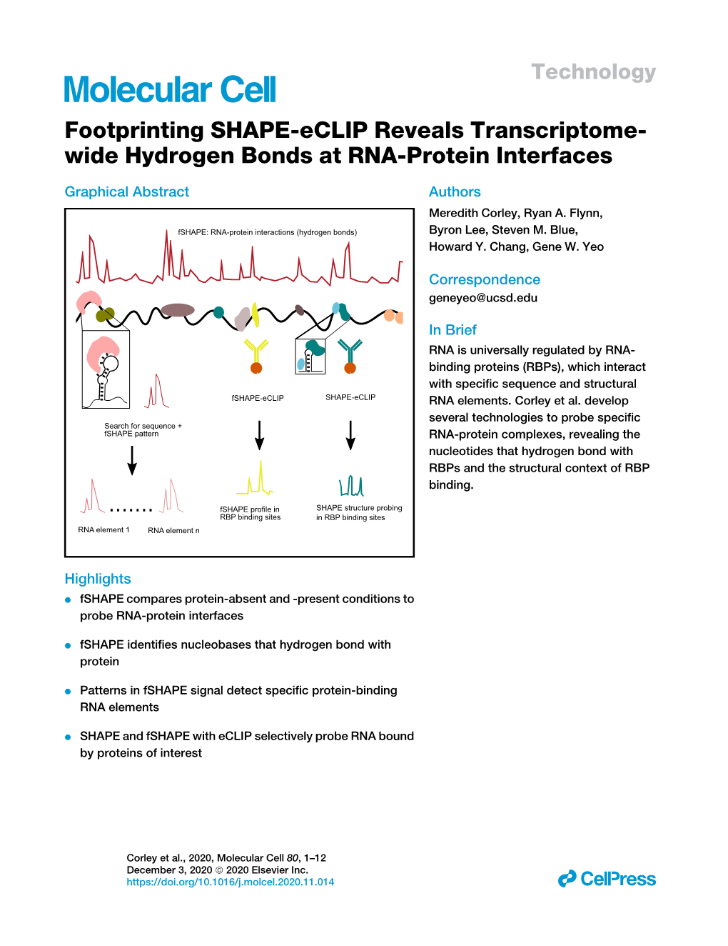 Footprinting SHAPE-Eclip Reveals Transcriptome-Wide Hydrogen Bonds at RNA-Protein Interfaces, Molecular Cell (2020)