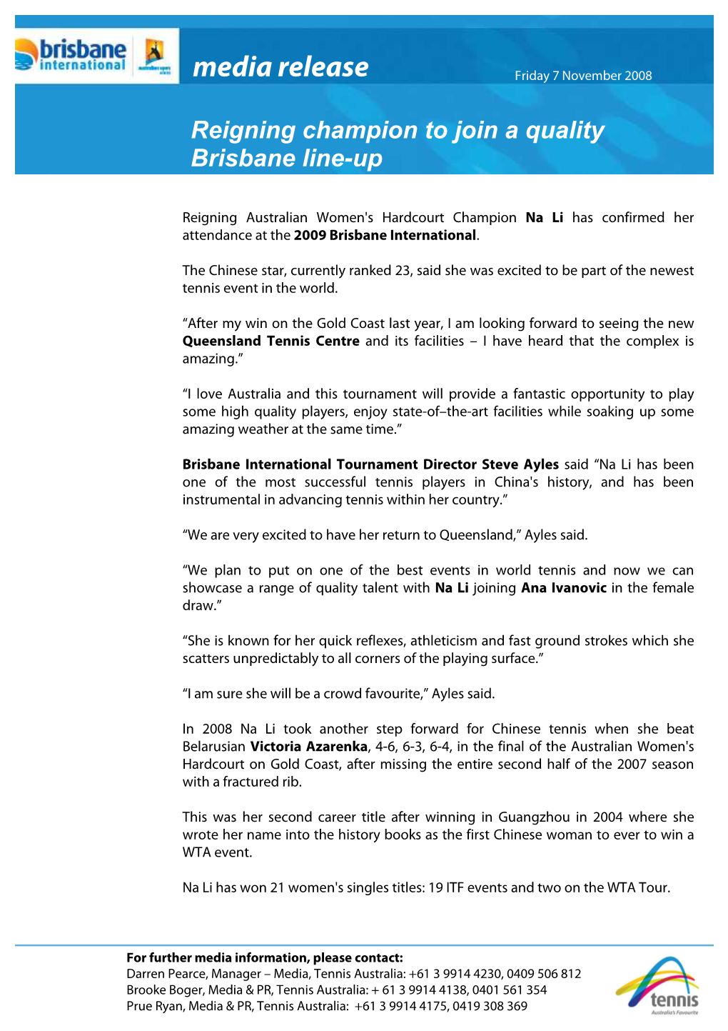 Media Release Friday 7 November 2008