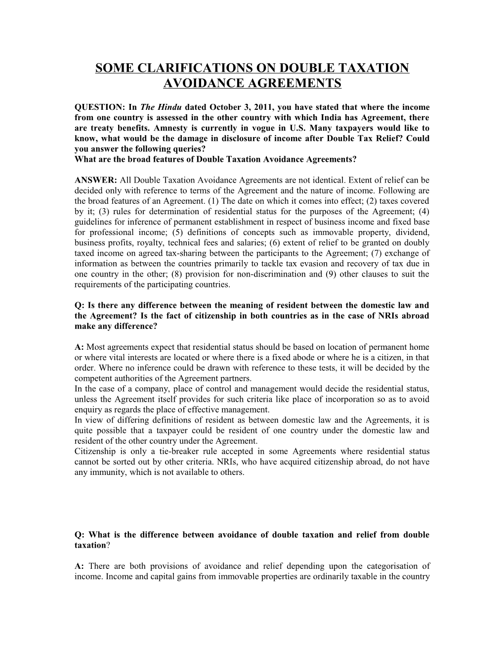 Some Clarifications on Double Taxation Avoidance Agreements