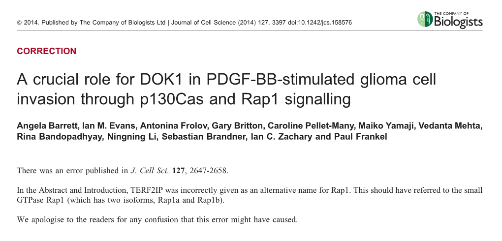 A Crucial Role for DOK1 in PDGF-BB-Stimulated Glioma Cell Invasion Through P130cas and Rap1 Signalling