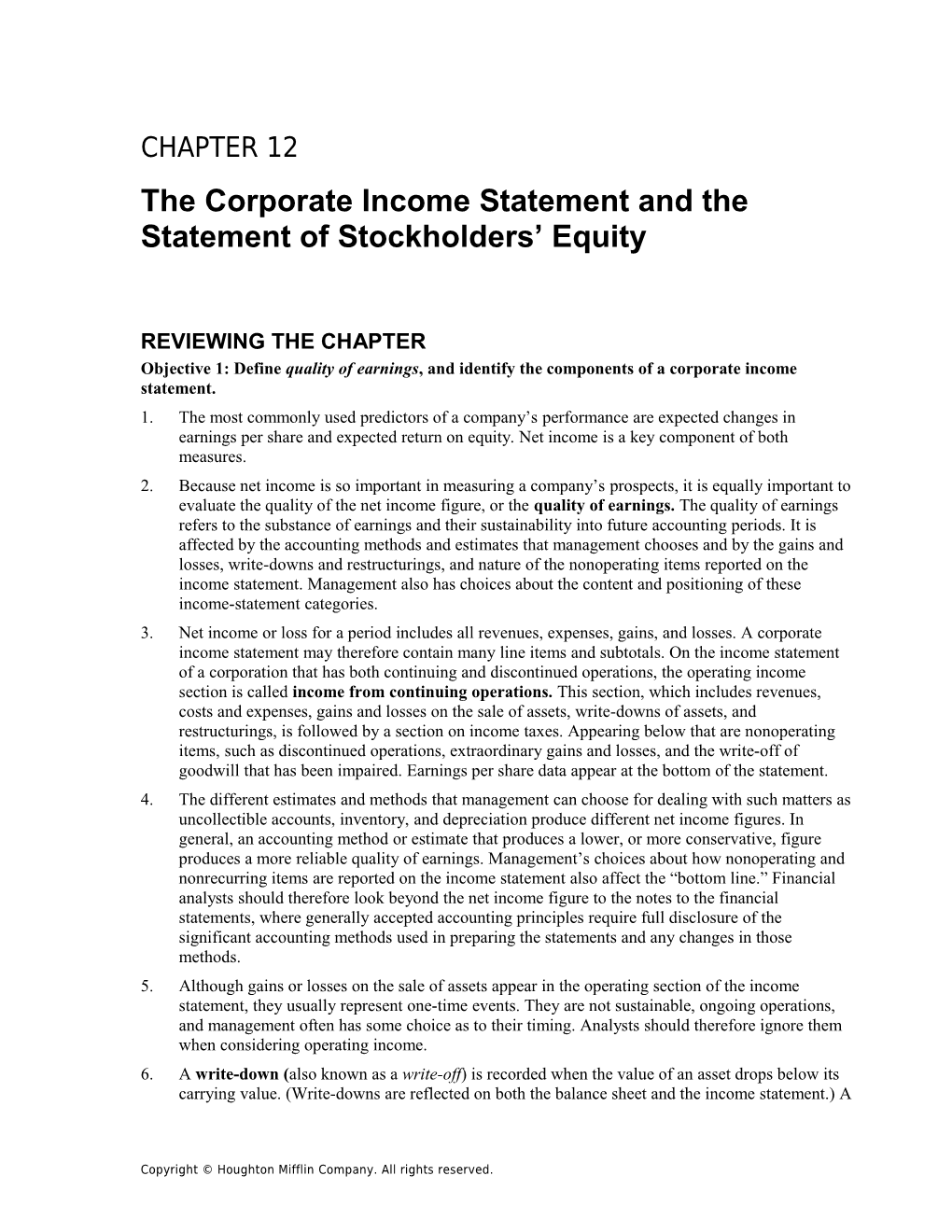 The Corporate Income Statement and the Statement of Stockholders Equity