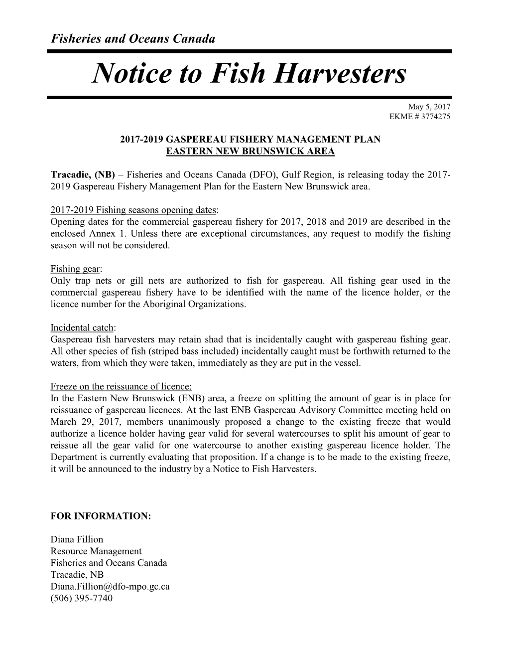 Notice to Fish Harvesters