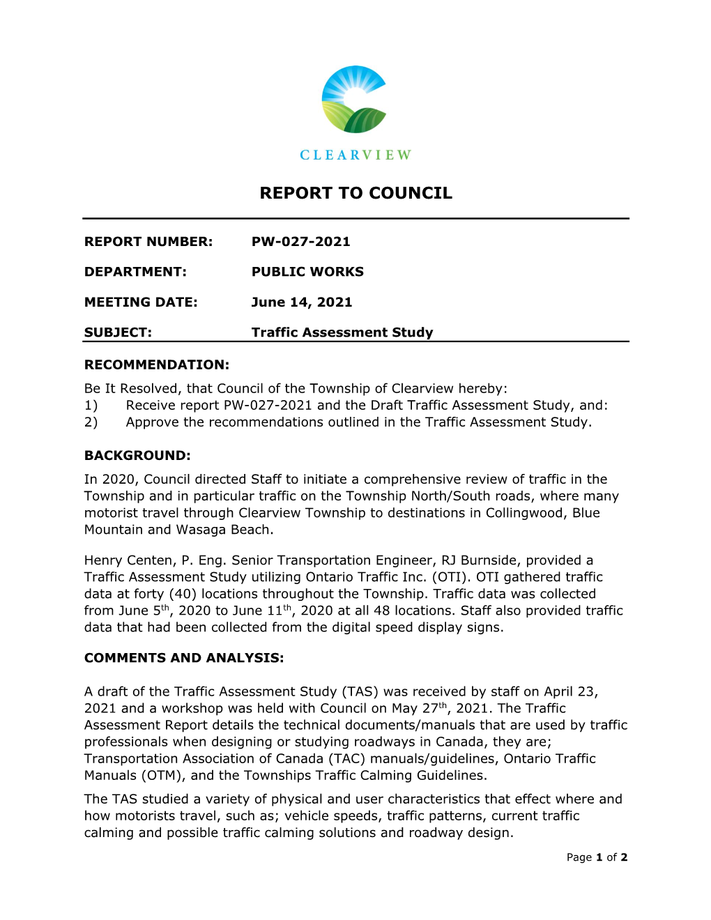 PW-027-2021 (Traffic Assessment Study)