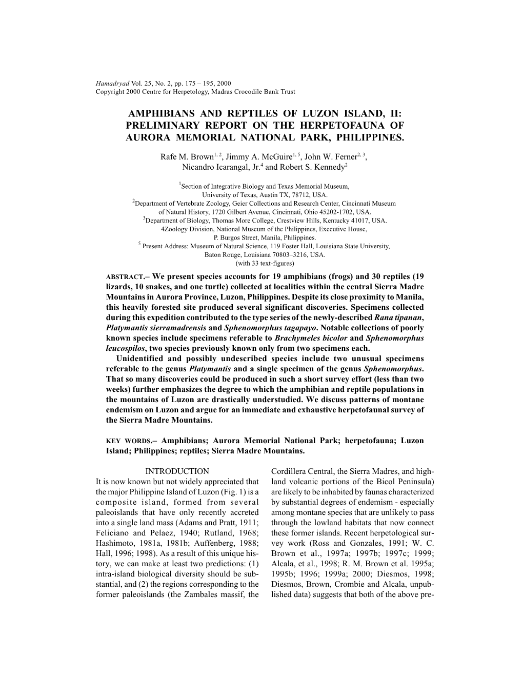 Amphibians and Reptiles of Luzon Island, Ii: Preliminary Report on the Herpetofauna of Aurora Memorial National Park, Philippines