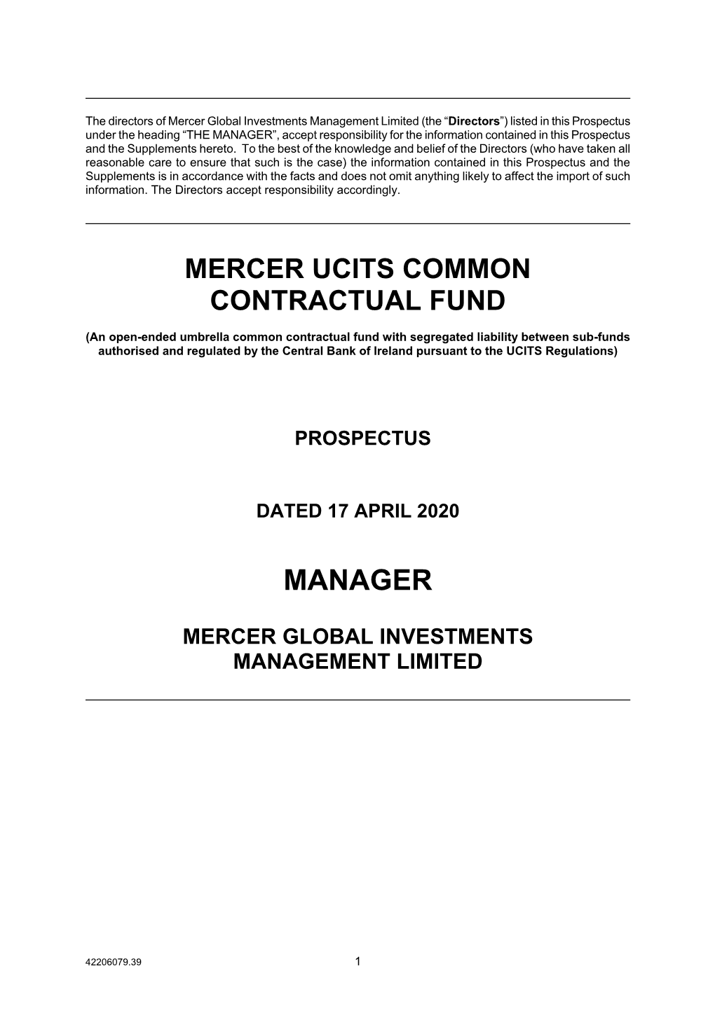 Prospectus Mercer UCITS Common Contractual Fund 17 April 2020