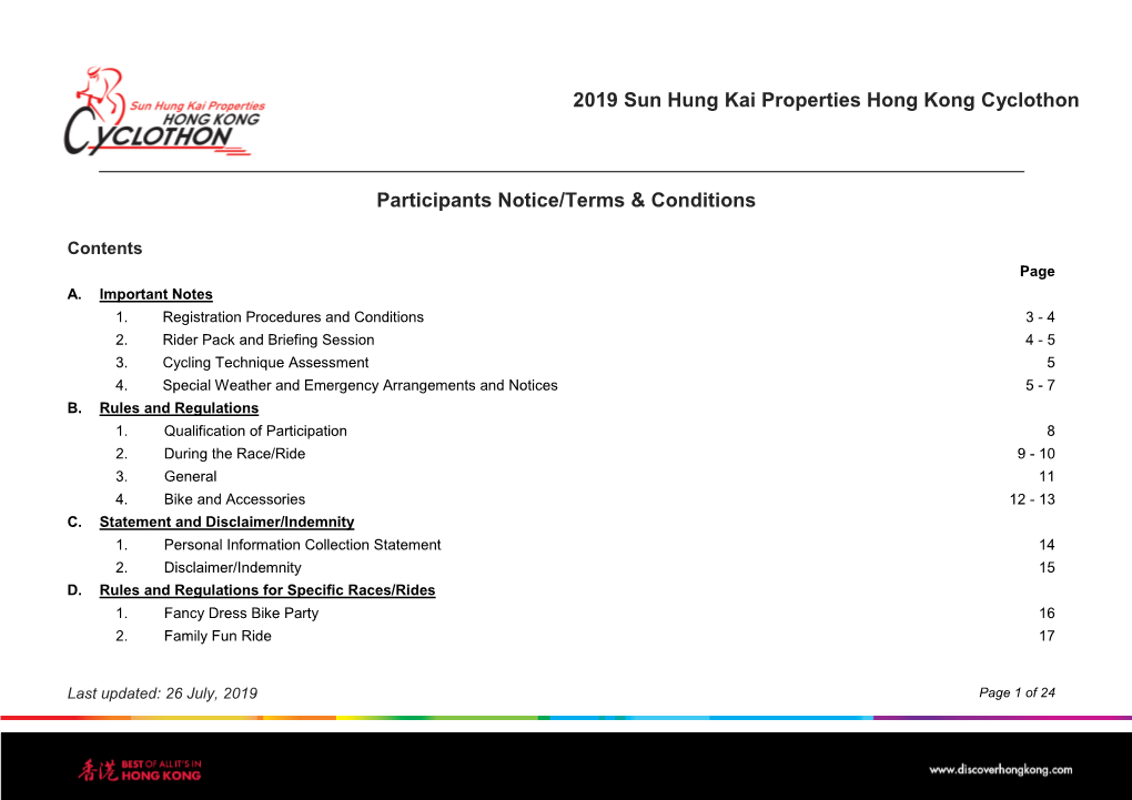 2019 Sun Hung Kai Properties Hong Kong Cyclothon Participants Notice