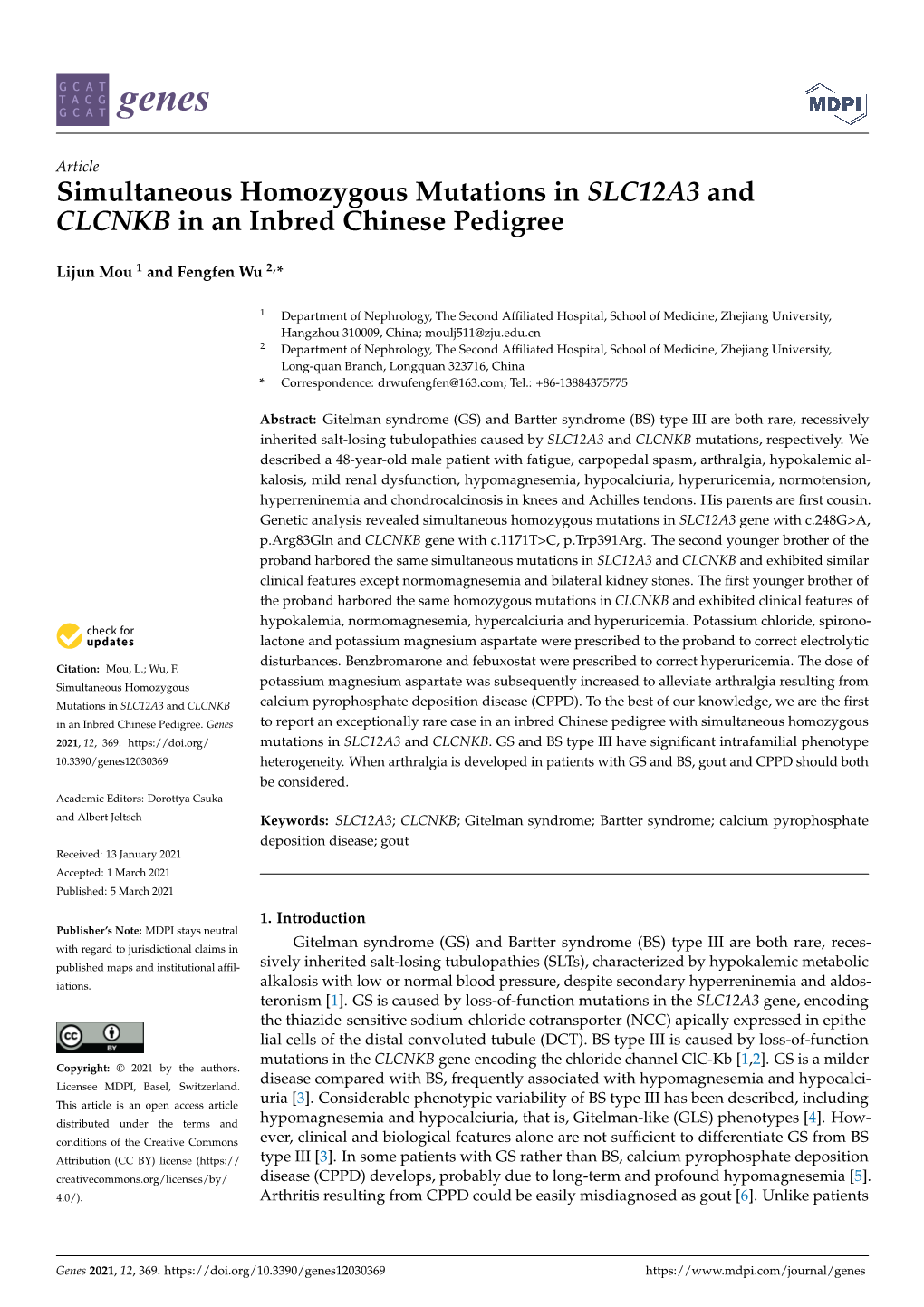 Simultaneous Homozygous Mutations in SLC12A3 and CLCNKB in an Inbred Chinese Pedigree