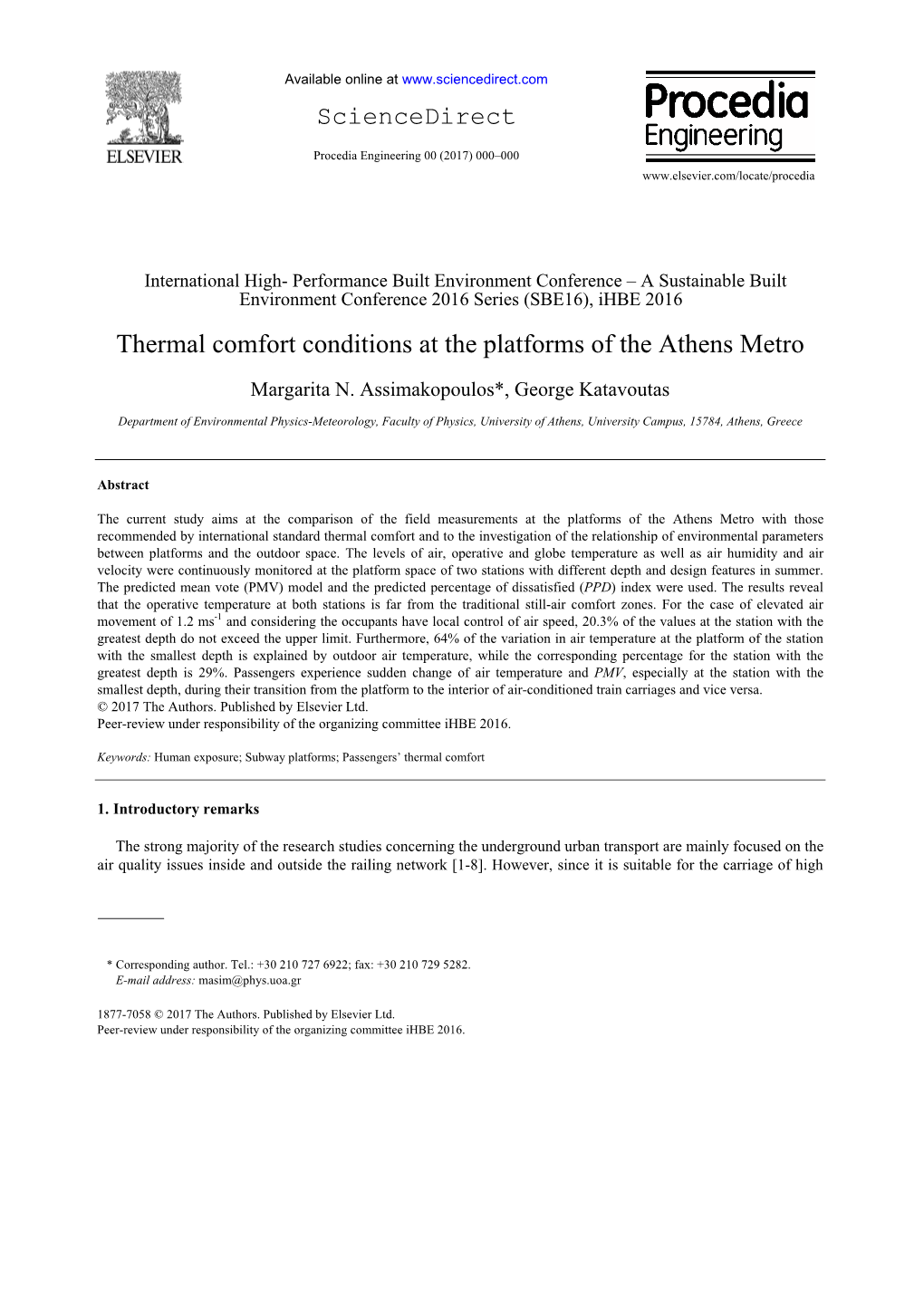 Thermal Comfort Conditions at the Platforms of the Athens Metro