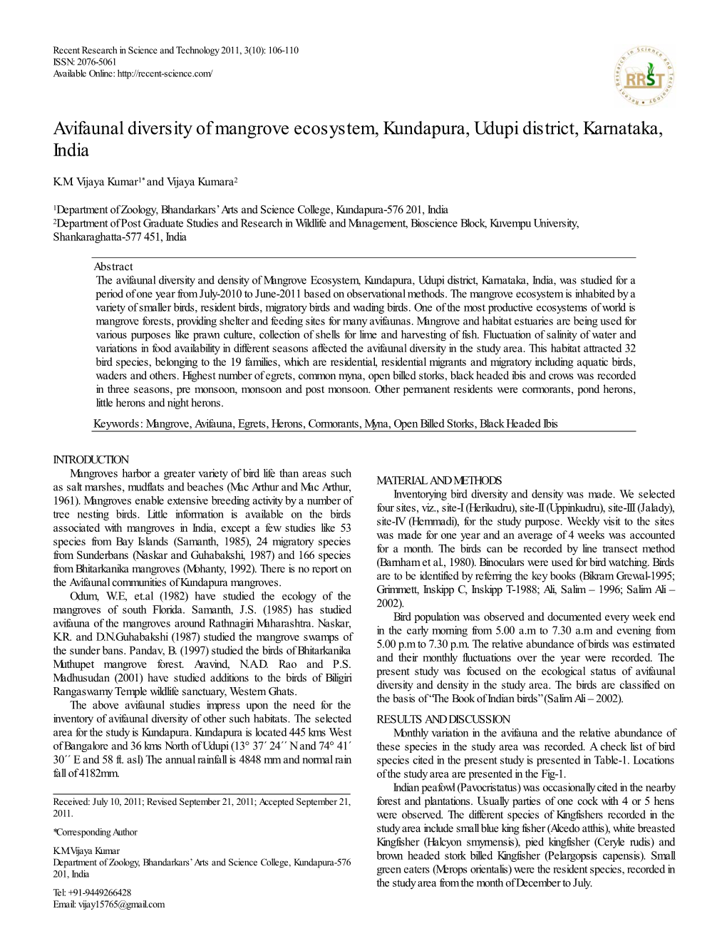 Avifaunal Diversity of Mangrove Ecosystem, Kundapura, Udupi District, Karnataka, India