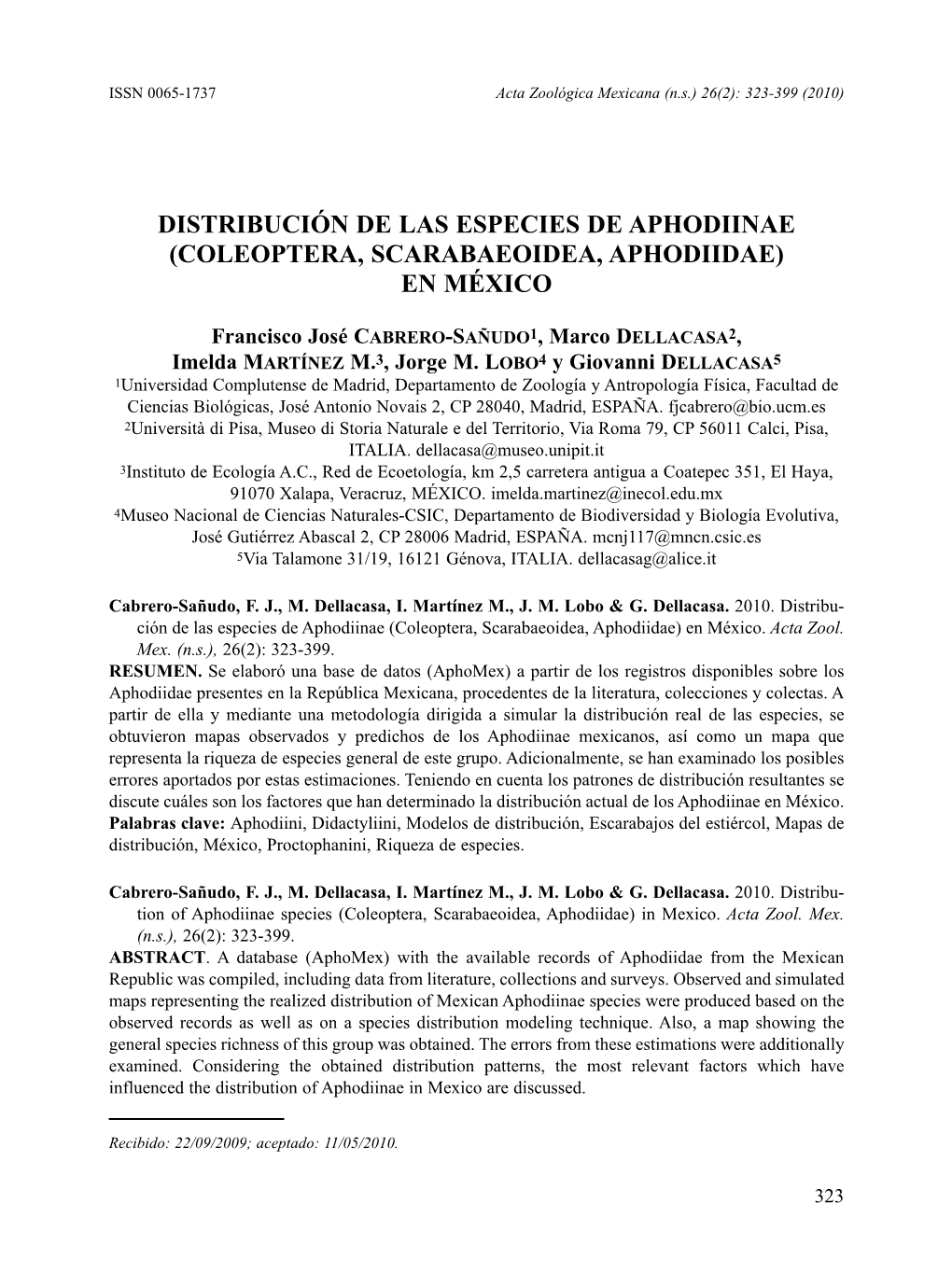 Distribución De Las Especies De Aphodiinae (Coleoptera, Scarabaeoidea, Aphodiidae) En México