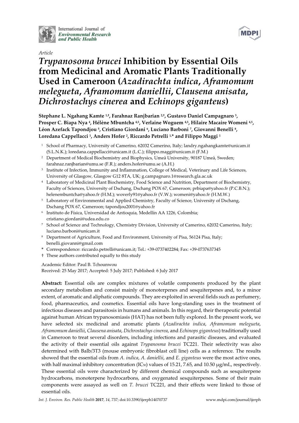 Trypanosoma Brucei Inhibition by Essential Oils from Medicinal and Aromatic Plants Traditionally Used in Came