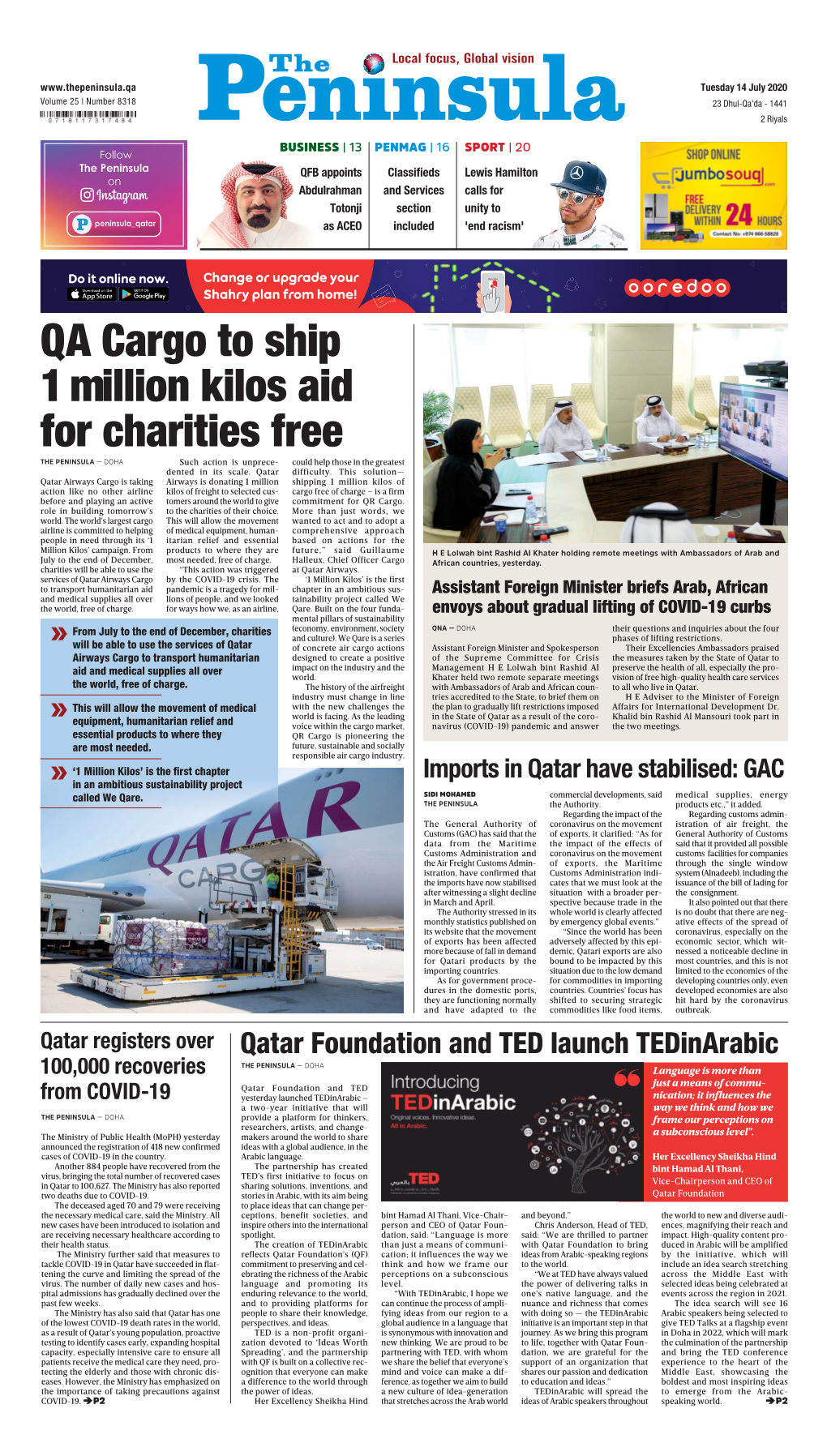 QA Cargo to Ship 1 Million Kilos Aid for Charities Free the PENINSULA — DOHA Such Action Is Unprece- Could Help Those in the Greatest Dented in Its Scale