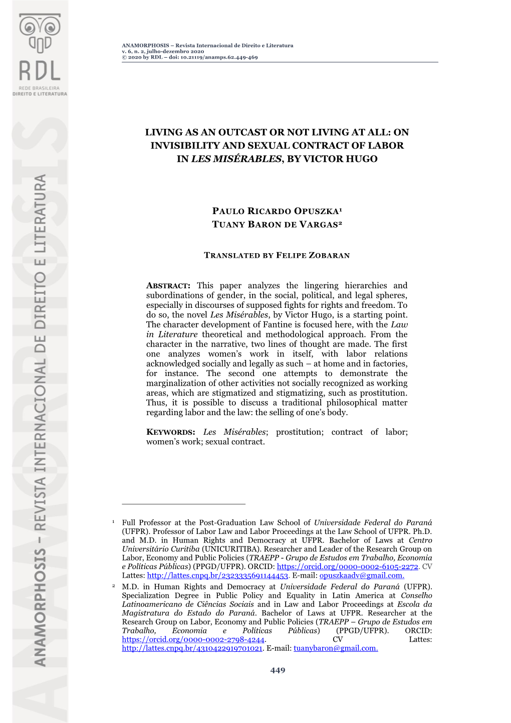 On Invisibility and Sexual Contract of Labor in Les Misérables, by Victor Hugo