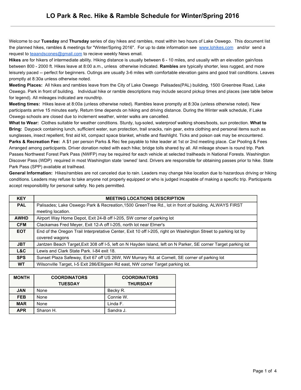 LO Park & Rec. Hike & Ramble Schedule for Winter/Spring 2016