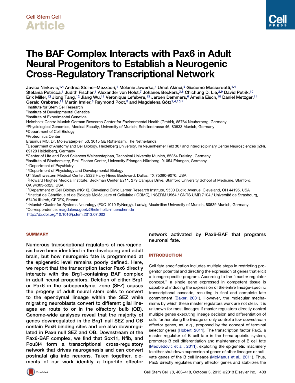 The BAF Complex Interacts with Pax6 in Adult Neural Progenitors to Establish a Neurogenic Cross-Regulatory Transcriptional Network