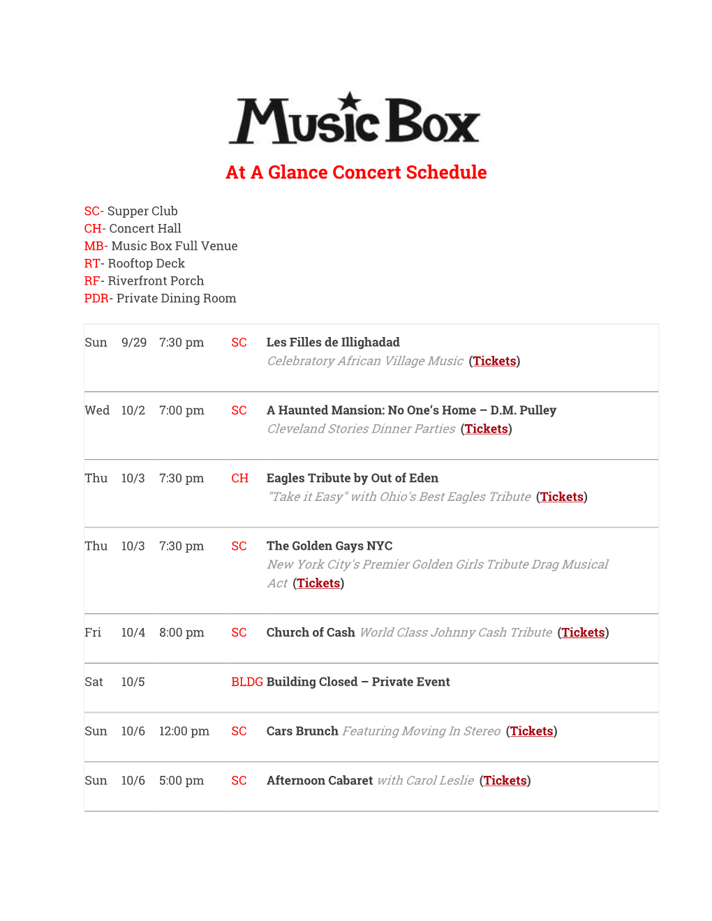 At a Glance Concert Schedule