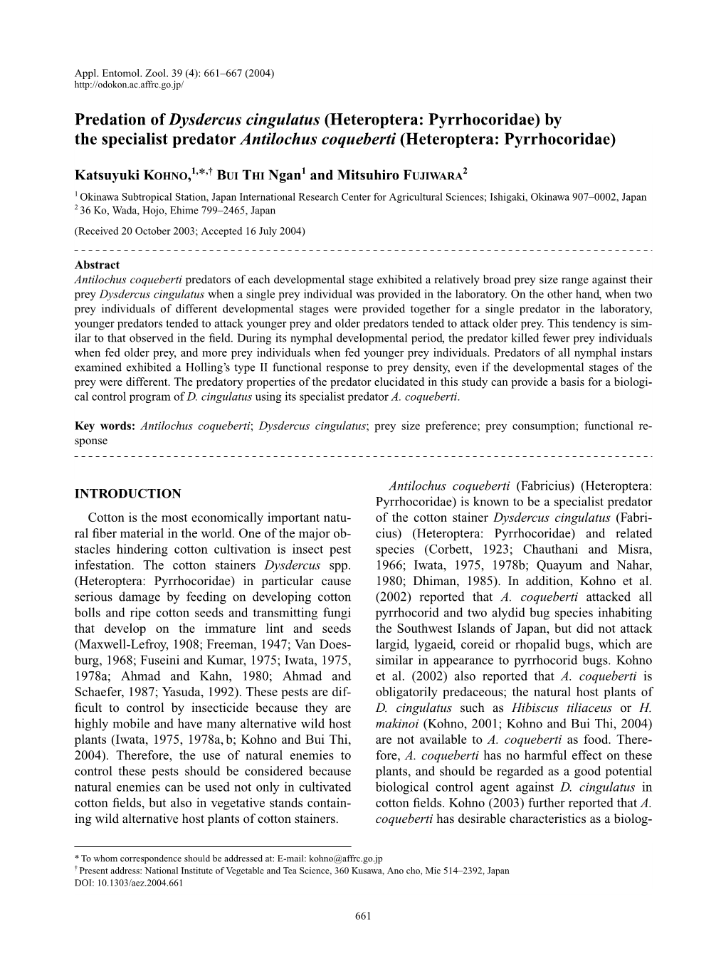 Predation of Dysdercus Cingulatus (Heteroptera: Pyrrhocoridae) by the Specialist Predator Antilochus Coqueberti (Heteroptera: Pyrrhocoridae)