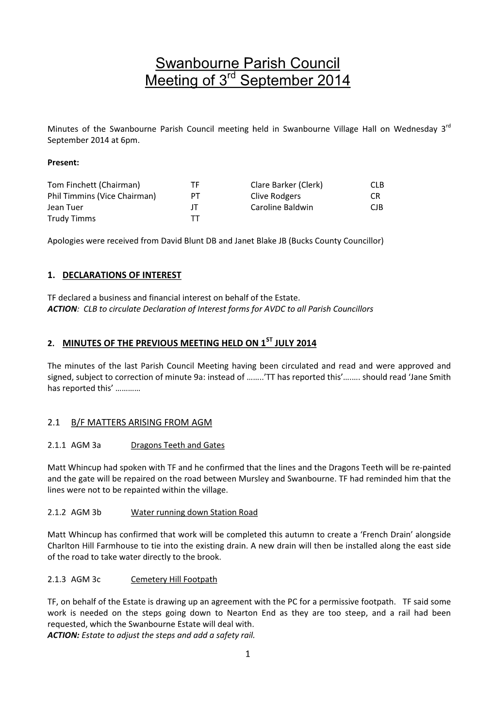 Swanbourne Parish Council Meeting of 3 September 2014